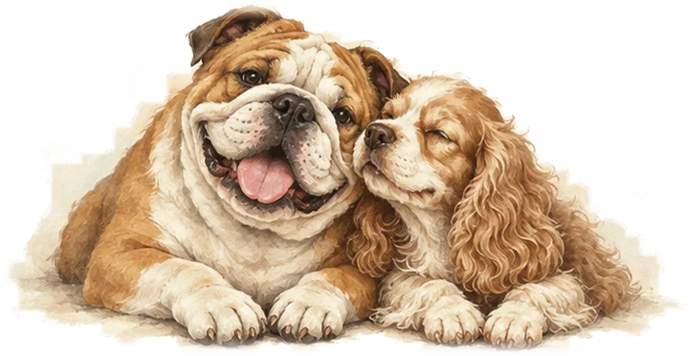 Watercolor illustration of Teddy the bulldog and Nala the cocker spaniel snuggling