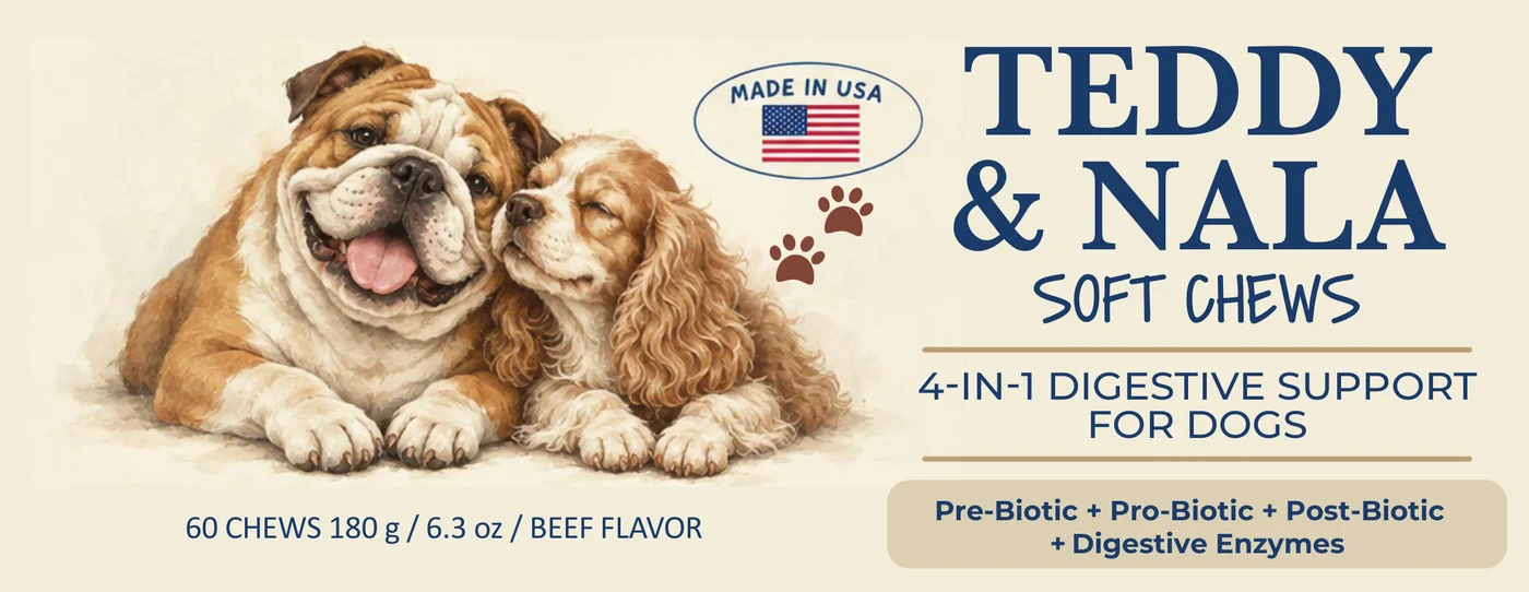Teddy & Nala Soft Chews label showing a bulldog and a cocker spaniel cuddling